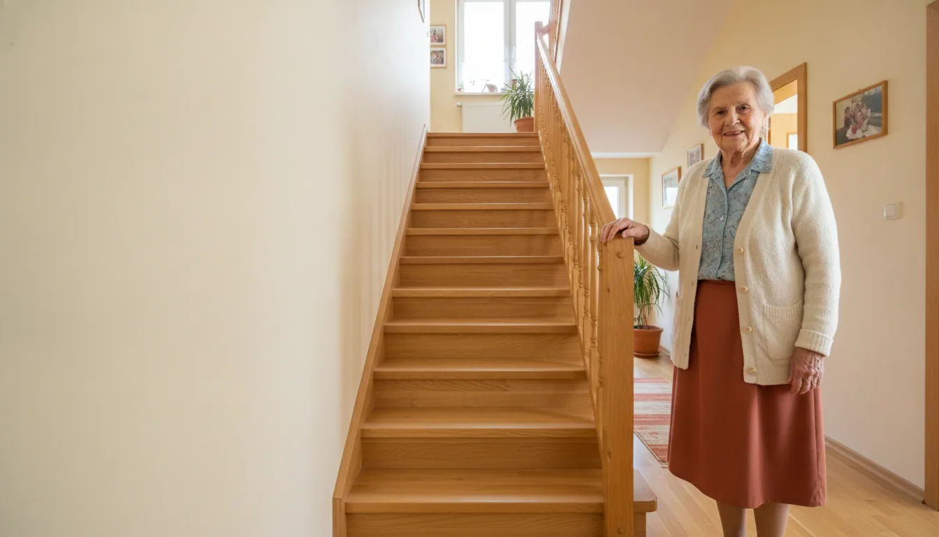 Starší žena stojí u paty rovného dřevěného schodiště a drží se zábradlí