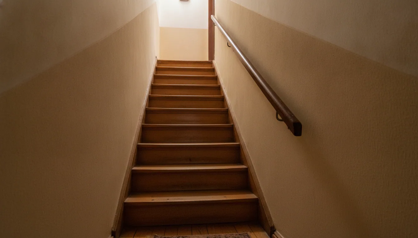 Úzké přímé schodiště se stěnami po obou stranách v starším domě
